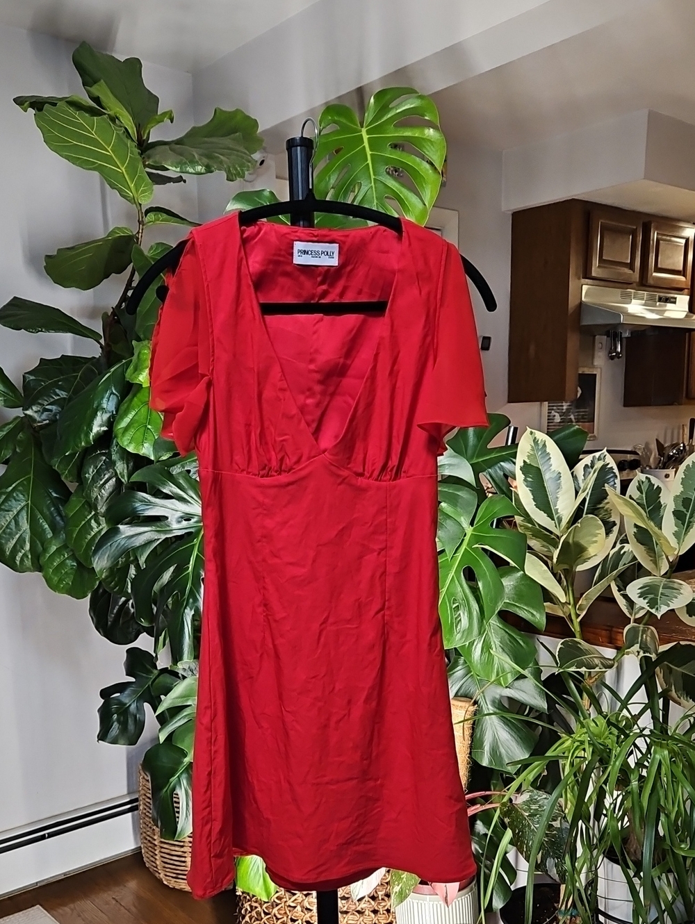 Princess Polly Red V-Neck Flutter Sleeve Mini Dress
